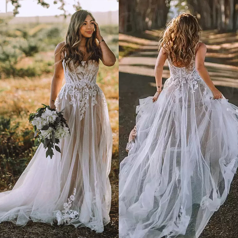 Bohemian A-Line Wedding Dresses Spaghetti Straps Long Tulle Bridal Gowns Lace Appliques Backless Country Boho Bride Robe De Mariage Dark Nude Lining C