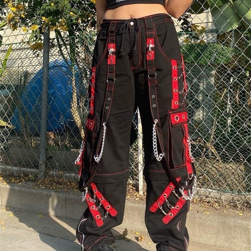 Women's Pants Capris Weekeep Punk Wide Leg Streetwear Low Rise Baggy Gothic Cargo Korean Hip Hop Patchwork Casual Trouser Harajuku 220922