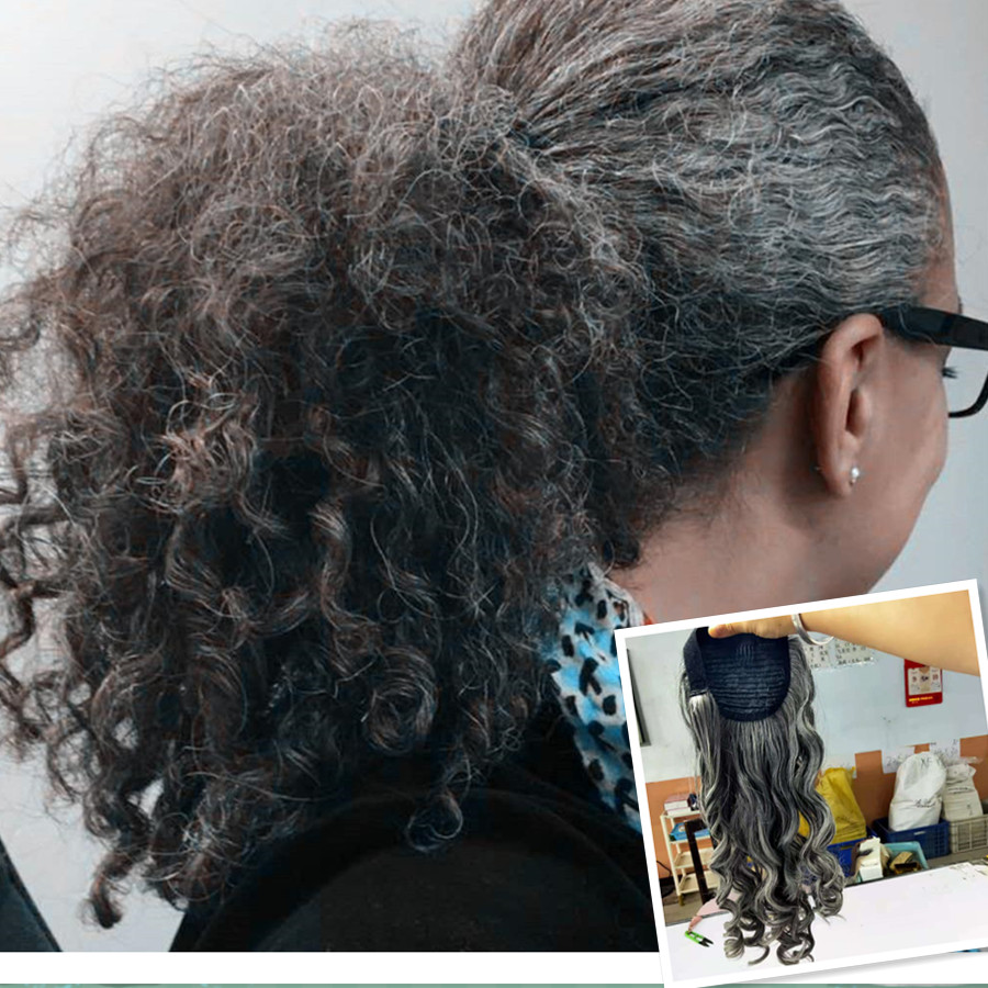 Naturally salt and pepper wavy gray ponytail hairpiece natural highlights blend grey human hair extenson soft and comfortable 120g