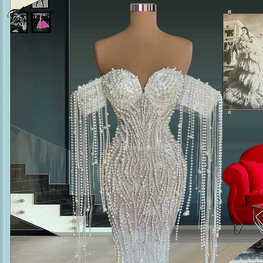 Party Dresses Elegant Full Pearls Beaded Mermaid Evening Dress White Off Shoulder Tassels Floor Length See Through Prom Dress Robe De Soiree 220923