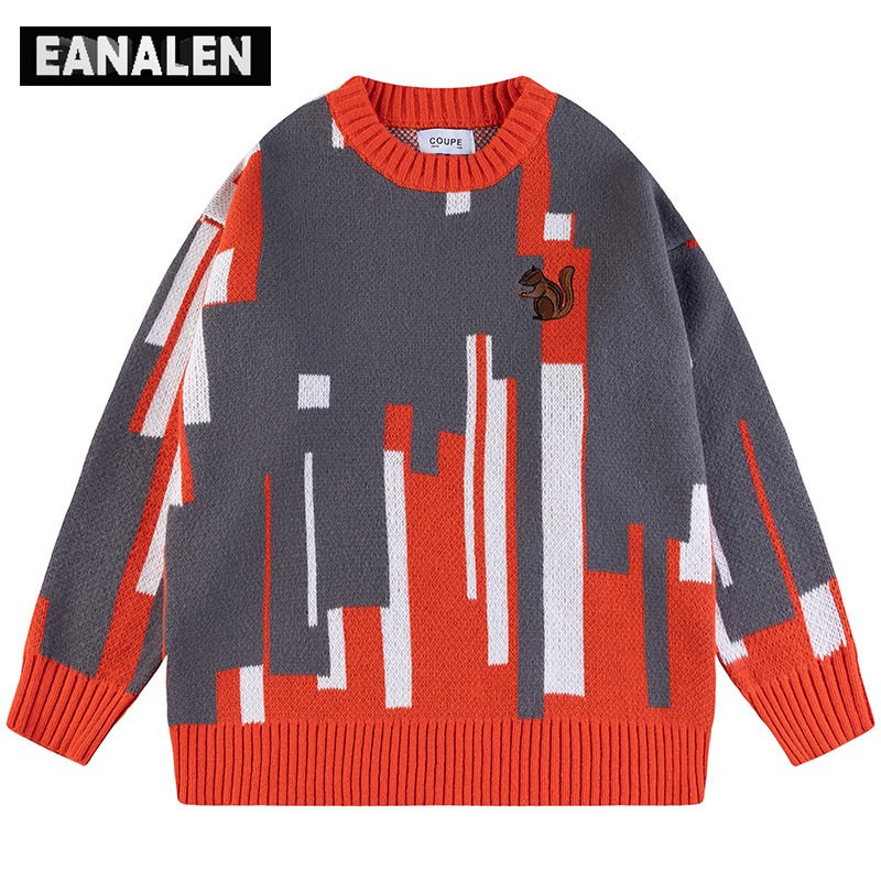Men's Sweaters Harajuku Retro Contrast Color Jumper Sweater Men's Oversized Winter Cute Squirrel Knit Sweater Grandpa Ugly Sweater Women