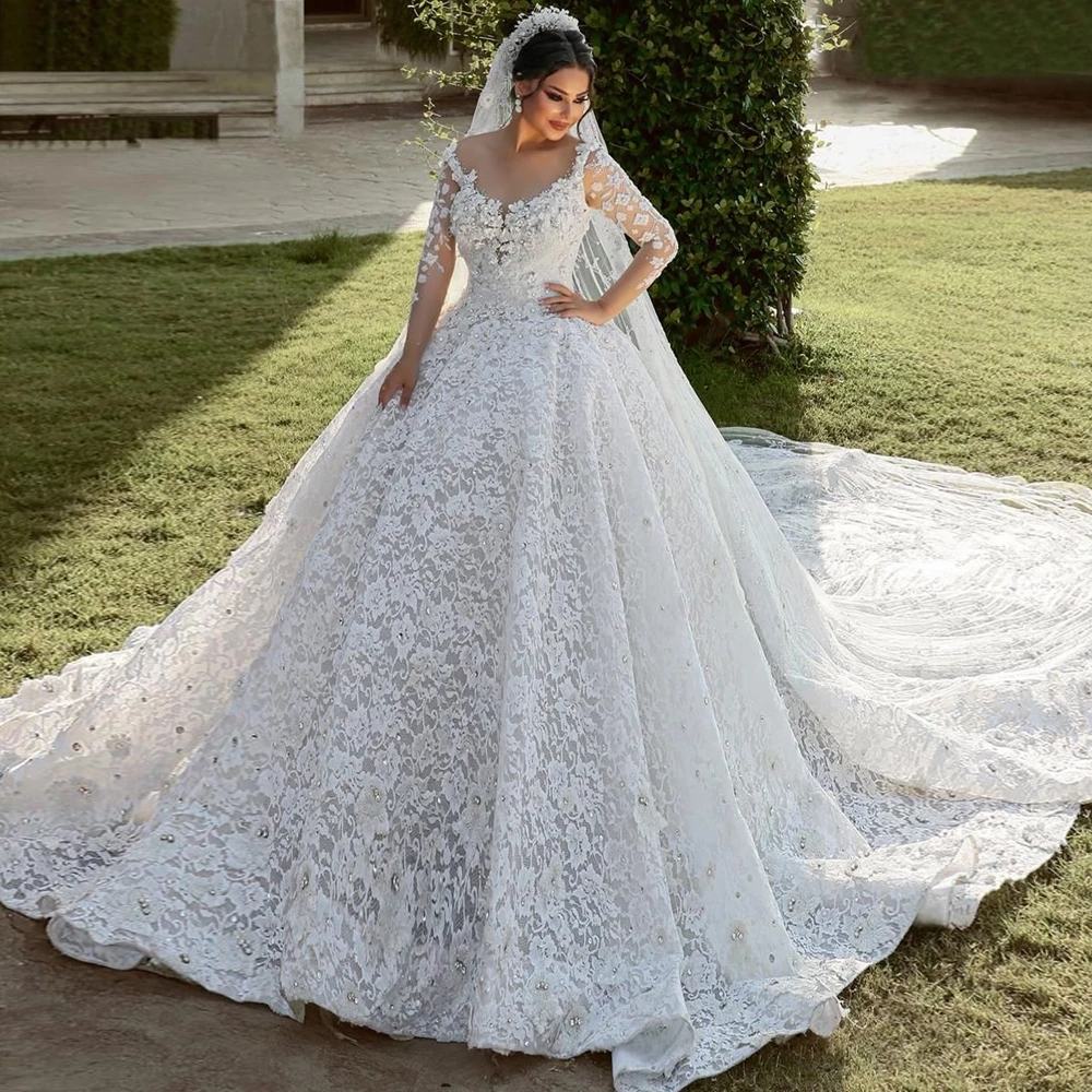 A-E Wedding Dress With 3D Ral Lace, Long Sleeve Bridal Gown, Beading, Church Wedding, Vestido De Noiva 2024