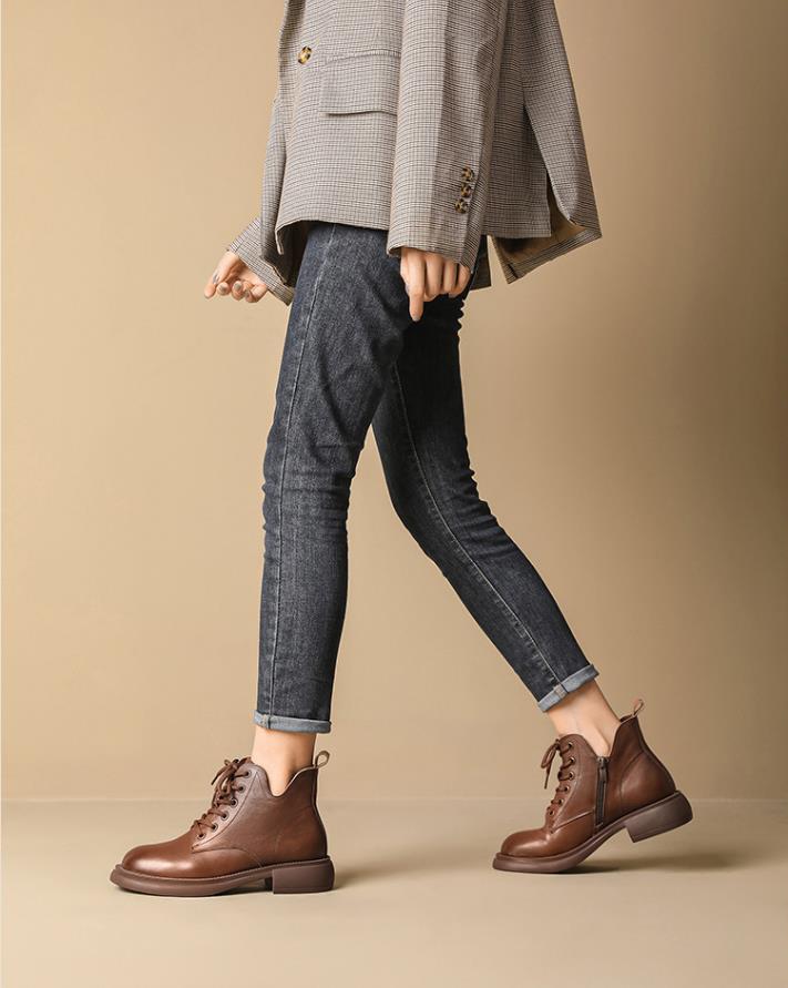 Cowhide V-mouth Short Ankle Boots Martin Shoes Women's Autumn Flat Keel Female Boot Lace up British Single Lady Footwear