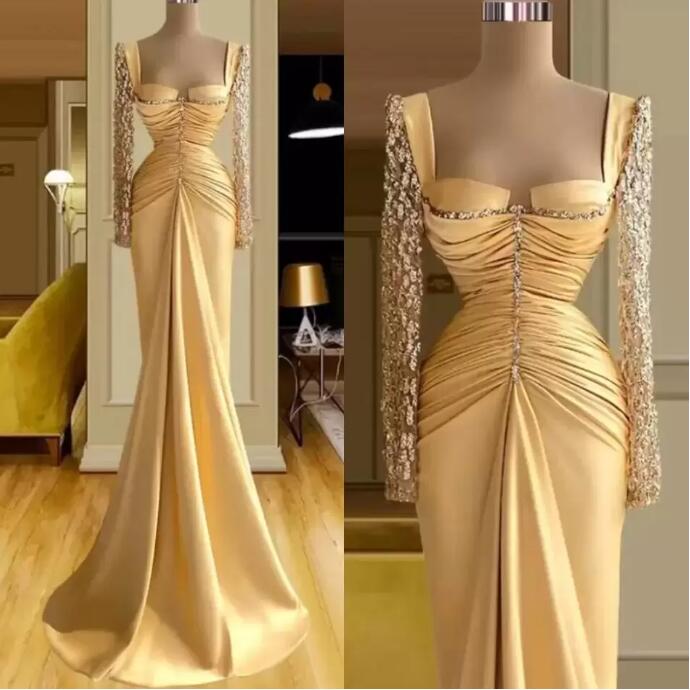 Champagne Gold Mermaid Evening Dresses with Long Sleeve Beaded Lace Stain Vestidos de gala Arabic Prom Occasion Gown