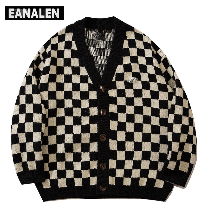 Men's Sweaters Harajuku vintage plaid cardigan men oversized Korean clothing jumper knitted cardigan women grandpa ugly sweater black hip hop 220