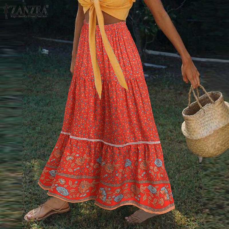 Women Summer Sundress ZANZEA Bohemian Printed Maxi Skirts Casual Elastic High Waist Vestidos Female Floral Ruffle Robe