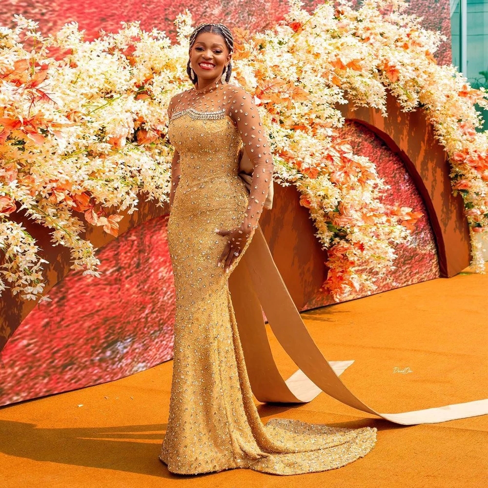 Urious Gold Crystal Evening Dresses Beaded Arabic Aso Ebi Engagement Prom Gowns Big Bow Tie Meet Gala Vestido De Noche 322 6660311