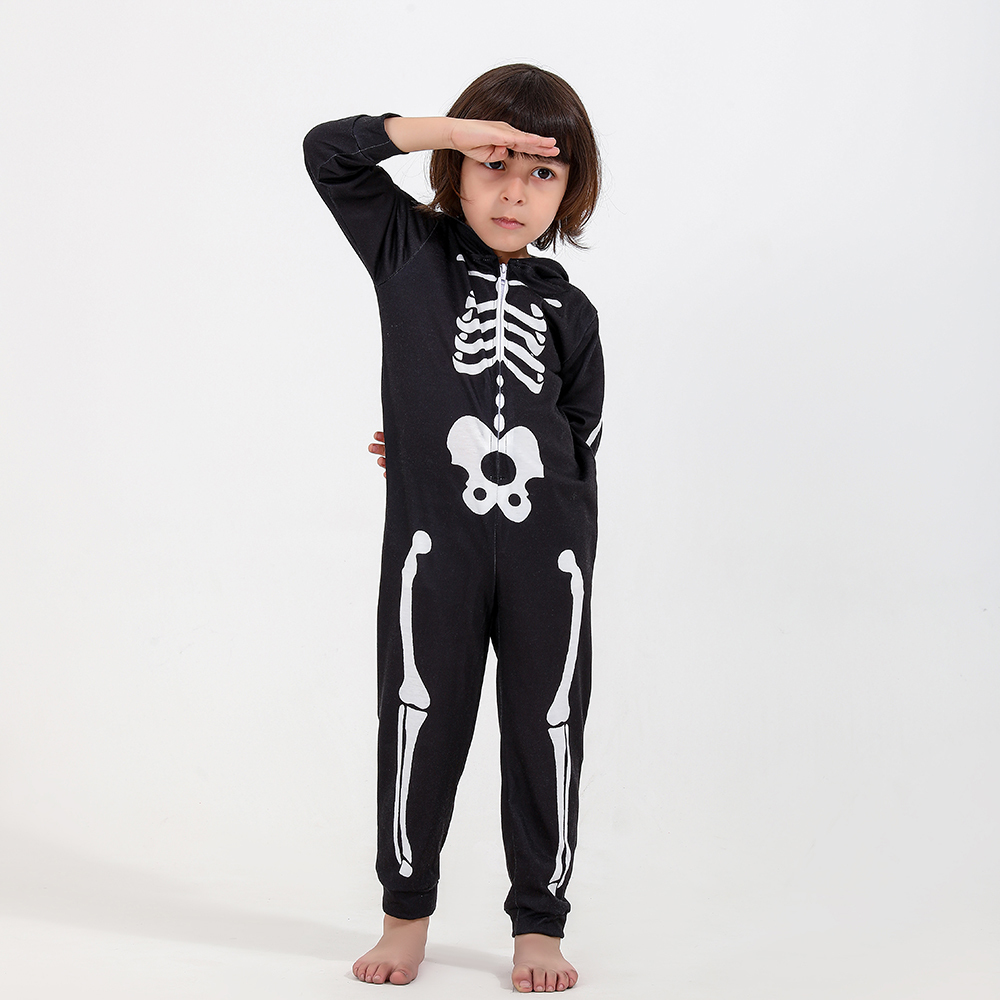 Family Matching Outfits Halloween Scary Skeleton Costume for Adult Kids Family Horror Skull Jumpsuit Carnival Party Hodded Halloween Parent-Child Paja