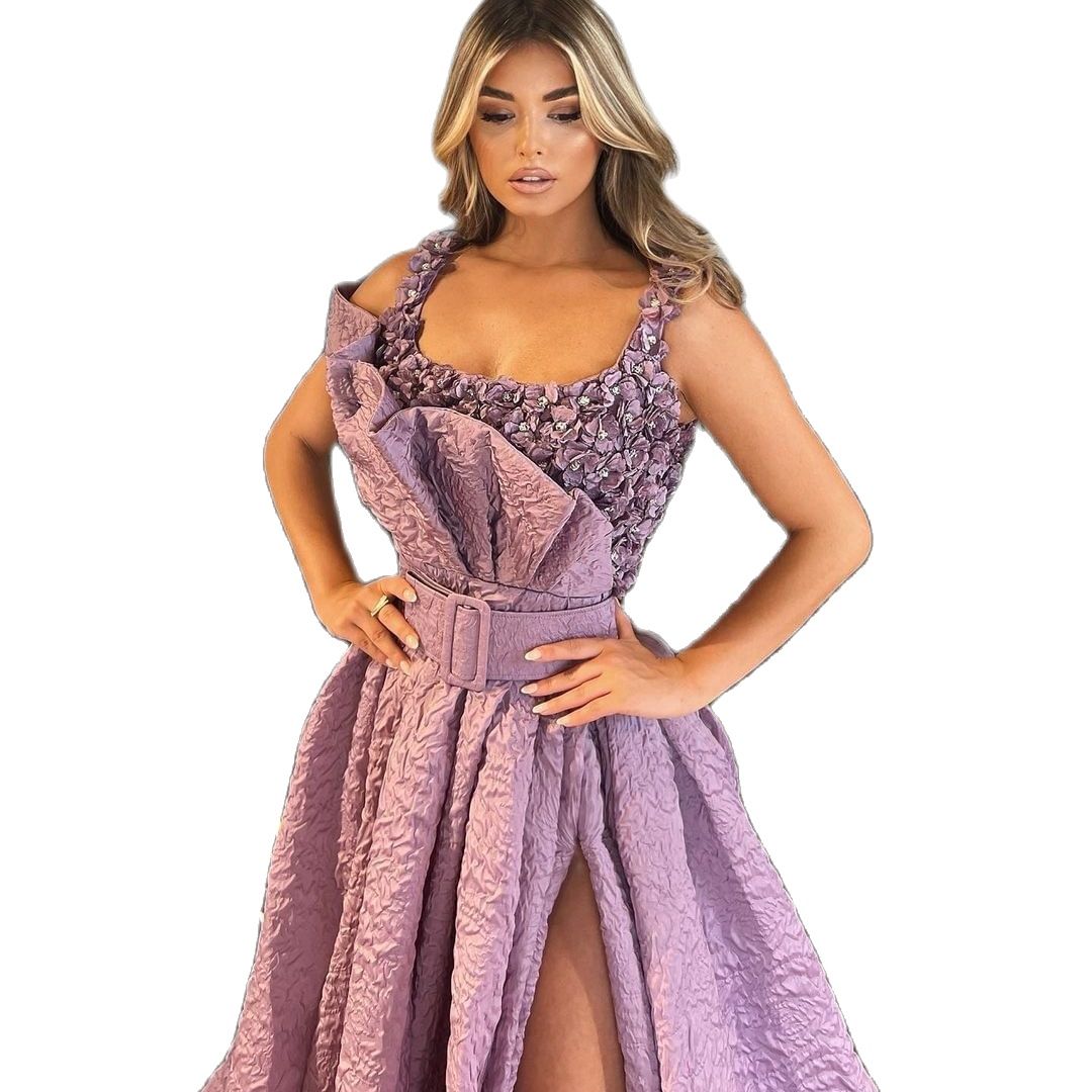 Elegant A Line Formal Prom Dresses Sleeveless Square Neck Evening Gown High Side Split Custom Made Applique Daily Prom Dress