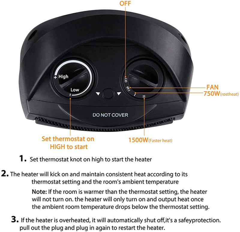 European Portable Electric Space Heater with Thermostat 1500W/750W Safe and Quiet Ceramic Heater Fan Heat Up 200 Square Feet for Office Room Desk Indo