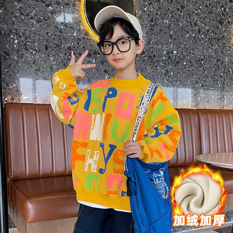 Pullover Boys Autumn Winter Sweater Letters Graffiti Printing Youth Plus Velvet Warm Clothes Fashion Blue And Yellow 4 14 Y 220924