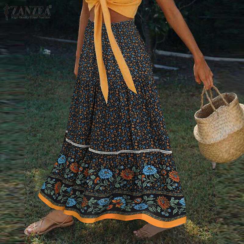 Women Summer Sundress ZANZEA Bohemian Printed Maxi Skirts Casual Elastic High Waist Vestidos Female Floral Ruffle Robe