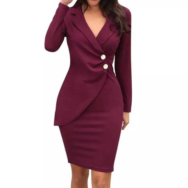 Casual Dresses New Arrival Autumn Formal Peplum Office Lady Long Sleave V-neck Dress Elegant Sheath Bodycon Work Business Pencil solid Dress Y2209