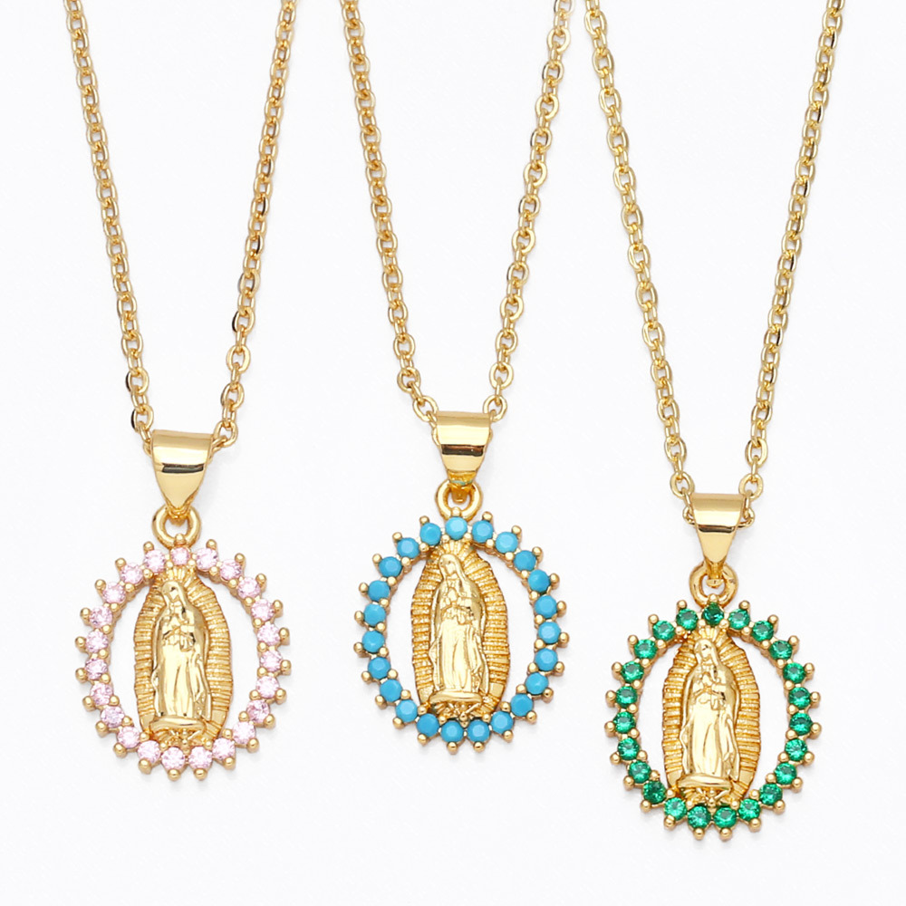 Religious Virgin Mary Pendant Necklace Women 18K Gold Plated Iced Out Link Chain Necklaces Copper Colorful Cubic Zirconia CZ Fashion Mens Catholic Jew