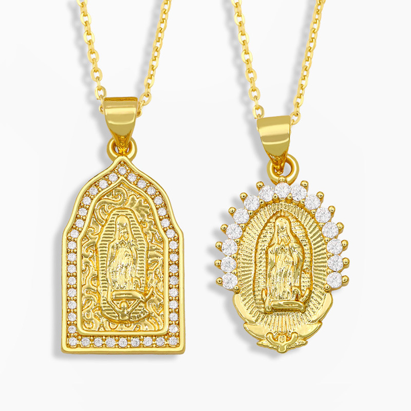 Religious Virgin Mary Pendant Necklace Women 18K Gold Plated Iced Out Link Chain Necklaces Copper Colorful Cubic Zirconia CZ Fashion Mens Catholic Jew