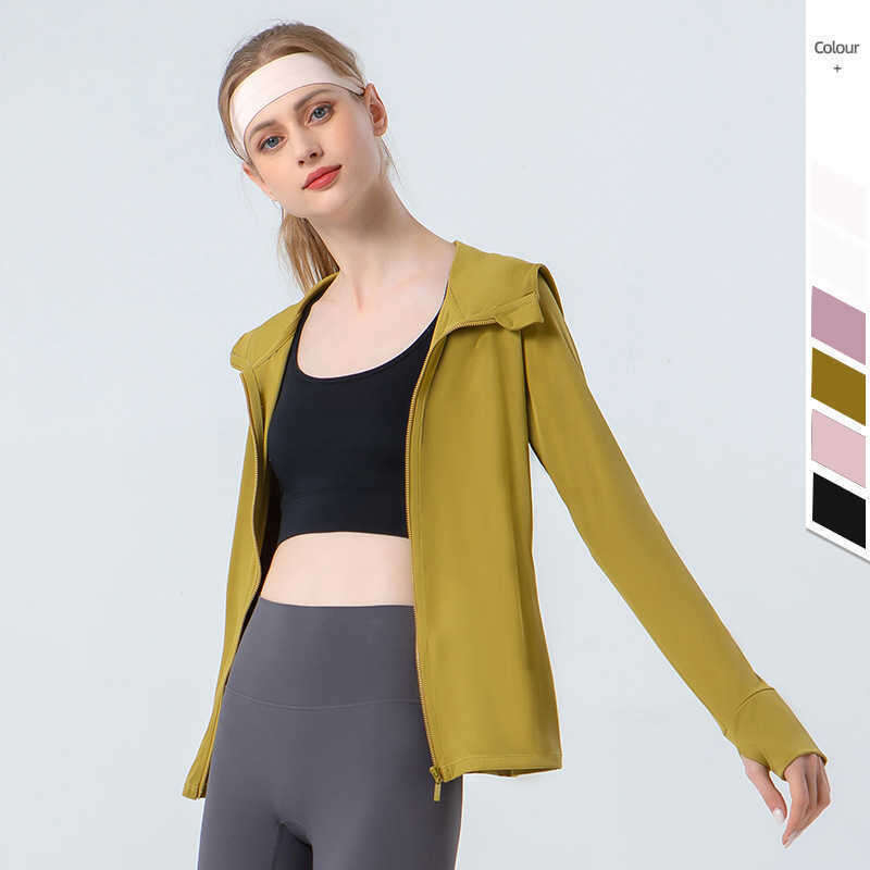 Yoga Outfits Clothes Women's Jacket Loose Stand Neck Zipper Hooded Coat Slim Pocket Fitness Gym Clothes