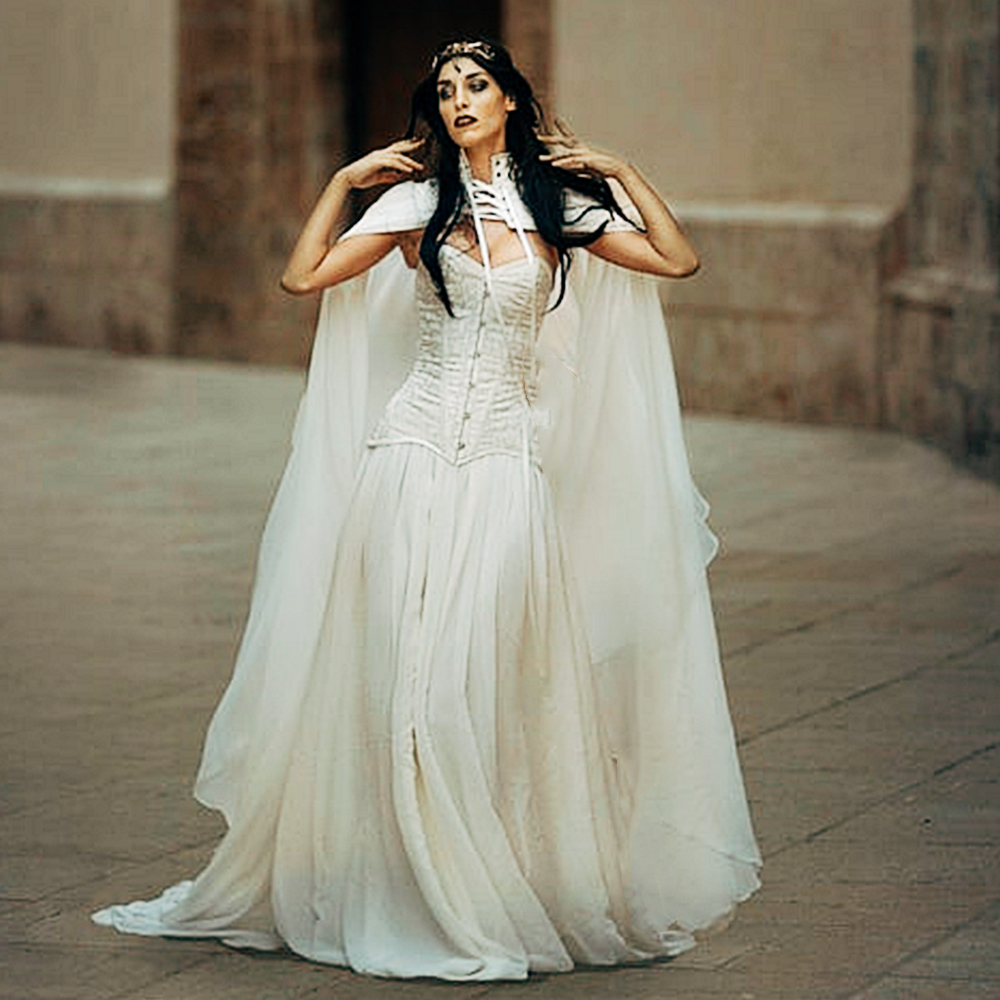 Medieval A-Line Wedding Dresses Corset Vintage Victorian Bridal Gowns With Cape Renaissance Gothic Ivory Chiffon Satin Masquerade Dress 2022