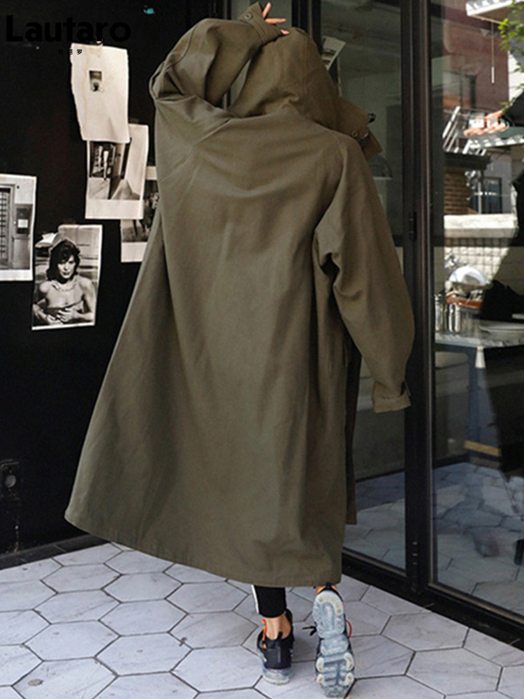Women's Trench Coats Lautaro Spring Autumn Long ArmyGreen Oversized Waterproof Windbreaker Women Hood Zip Up Casual Loose Bf Varsity Raincoat 220