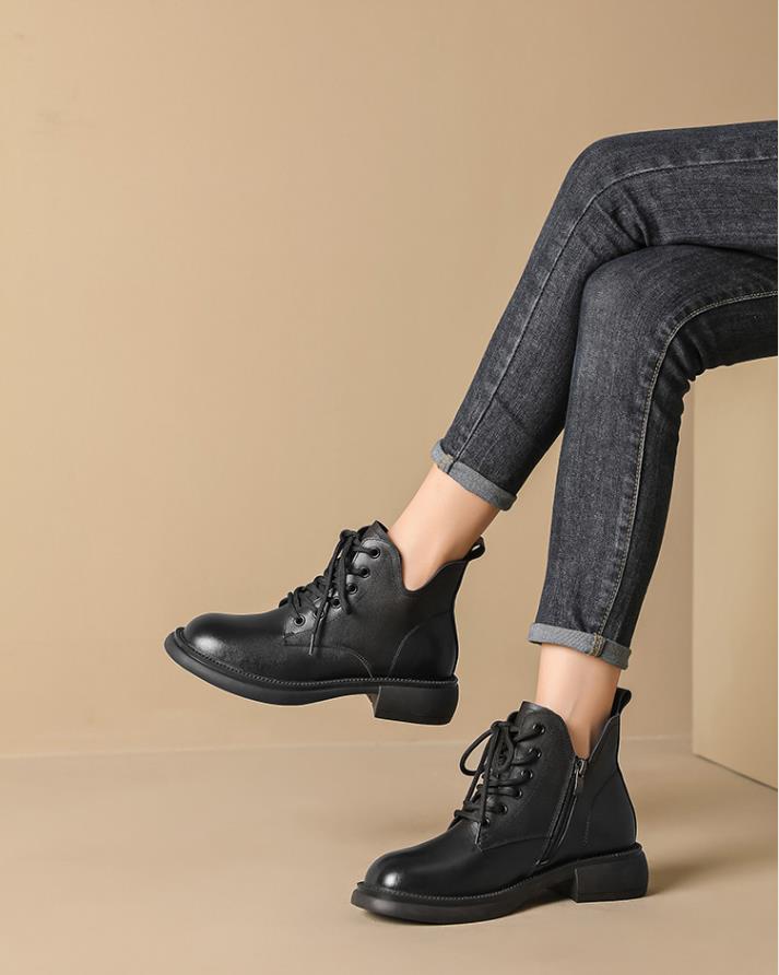 Cowhide V-mouth Short Ankle Boots Martin Shoes Women's Autumn Flat Keel Female Boot Lace up British Single Lady Footwear