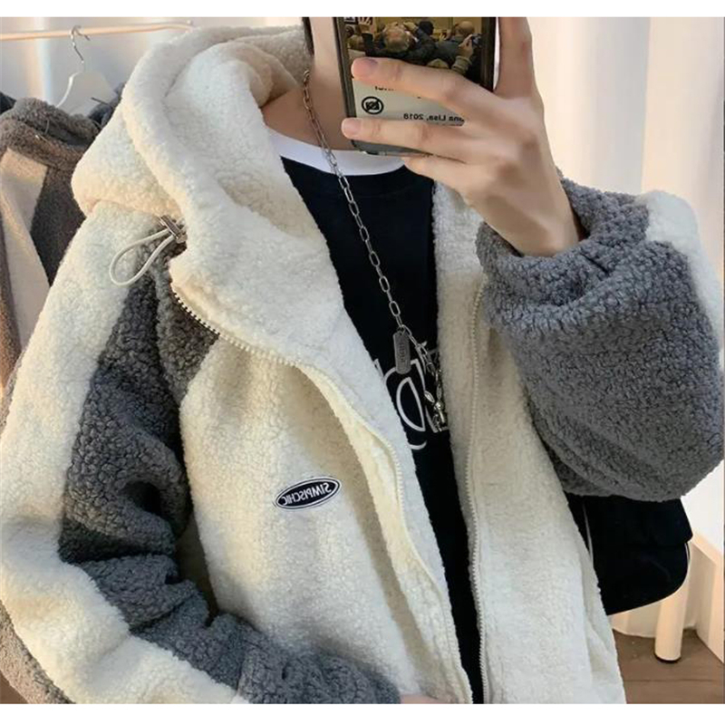 Mens Down Parkas Fashion Wide Polar Fleece Coats for Men Autumn Winter Warm Lamb Wool Hooded Coat Patchwork Loose Outerwear Male 220927