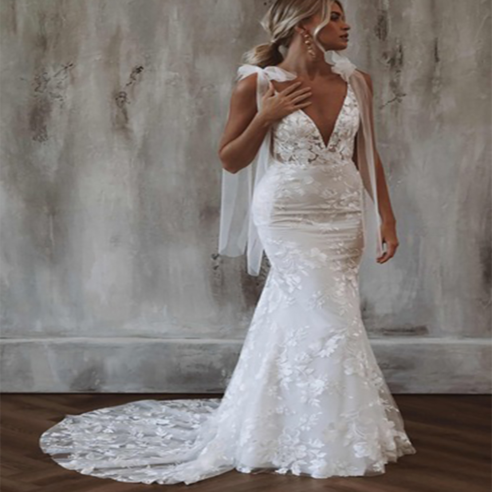 Elegant Mermaid Lace Wedding Dress 2022 Sexy Straps Boho Country Bridal Gowns Floor Length Chic Robe De Mariee Deep V Neck Bohemian Vestido De Novia F