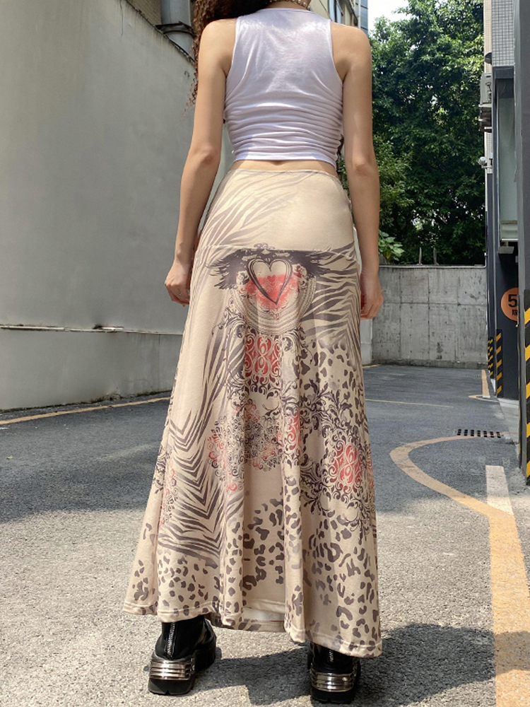 Skirts HEYounGIRL Harajuku Mall Goth Vintage A Line Midi Skirts Women Casual Print High Waist Skirt Ladies Khaki Summer Streetwear 220924