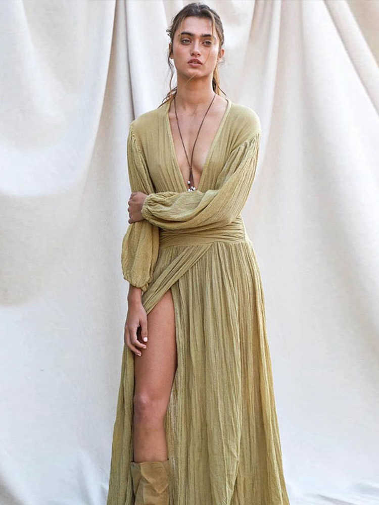 Casual Dresses Elegant Loose Cotton Linen Long Dress Deep V-Neck Lantern Sleeve Split Midi Dress 2022 Casual Vacation Beach Slit Lady Vestidos T220905