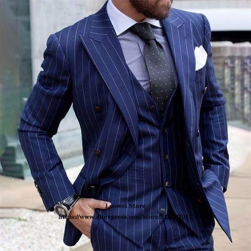 Mens Suits Blazers Classic Stripe Slim Fit Mens Suits 3 Piece Jacket Vest Pants Set For Groom Wedding Peaked Lapel Tuxedo Formal Business Blazer 22092