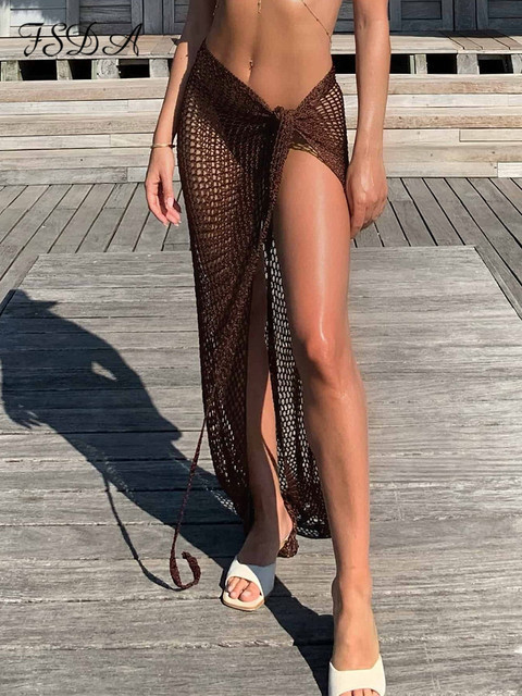Skirts FSDA Summer Maxi Women Skirts Bandage Sexy Beach Hollow Out High Waist White Y2K Knitted Long Bodycon Skirt Pencil Boho 220924