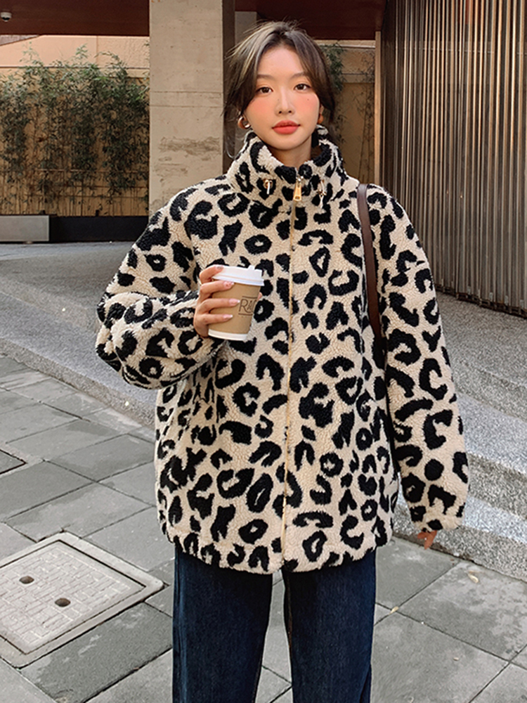 Womens Fur Faux Fur LANMREM Leopard Print Lamb Wool Coats Womens Long Sleeves Loose Zipper Fashion Coat Autumn Winter Warm Clothing 2R7696 220927
