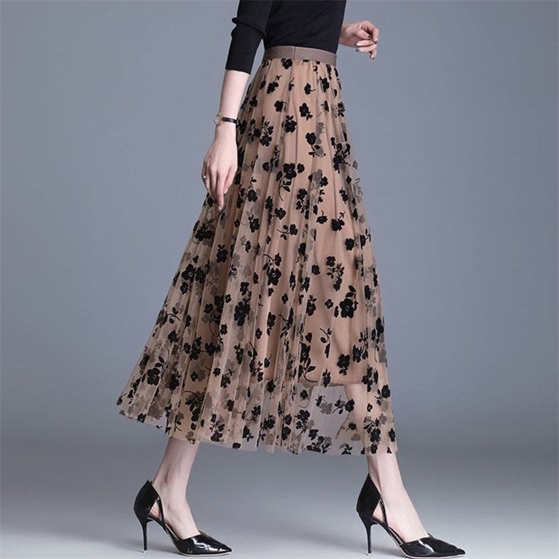 Skirts Elegant Vintage Lace Jacquard Gauze Women's Skirt Spring Summer Office Lady Midi Skirts Elastic Highwaisted Skirt 220924
