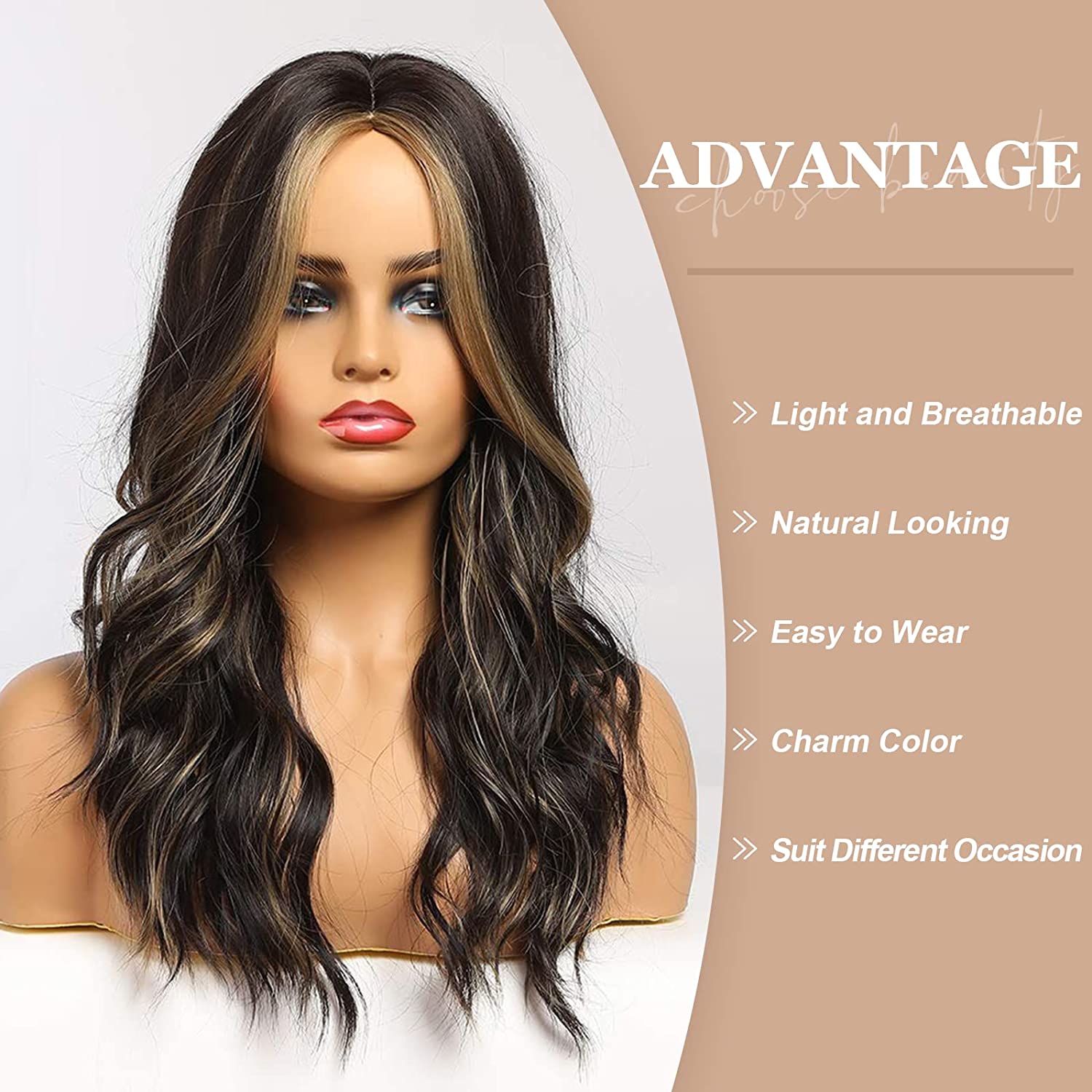 Fashion Long Wave Synthetic Wig with high lighted color Hair Wig for Women
