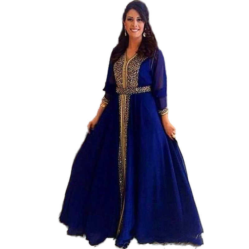 Royal Blue Moroccan Caftan Evening Dresses Beaded Chiffon A Line Formal Party Gowns Long Sleeves Turkey Arabic Kaftan Prom Dress For Women