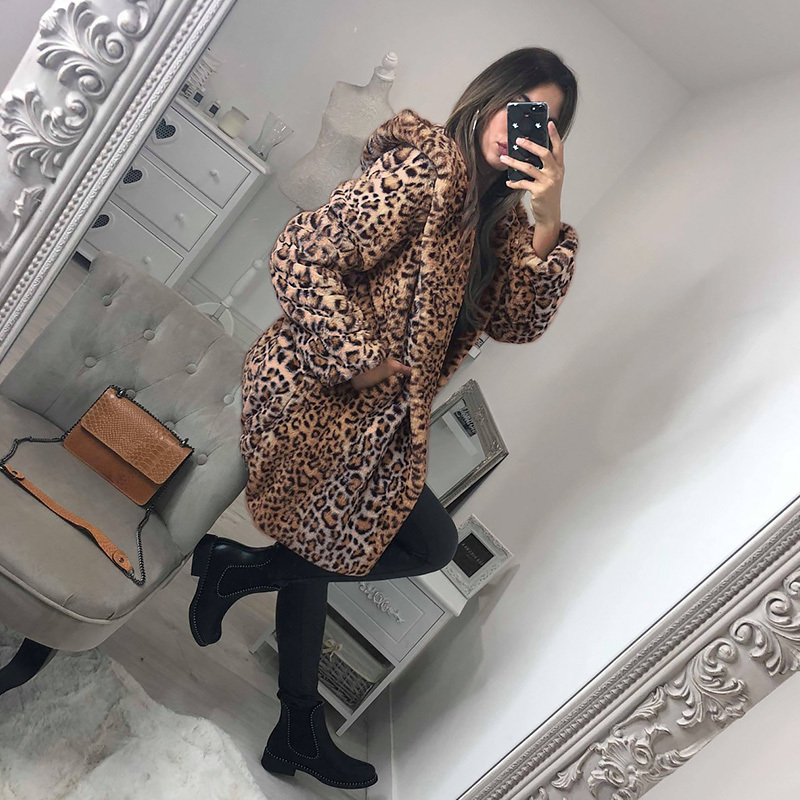 Women's Fur Faux Leopard Elegant Coat Women Spring Autumn Warm Soft Jacket Female Printed Overcoat Casual Hooded Lady Outerwear 5XL 220927