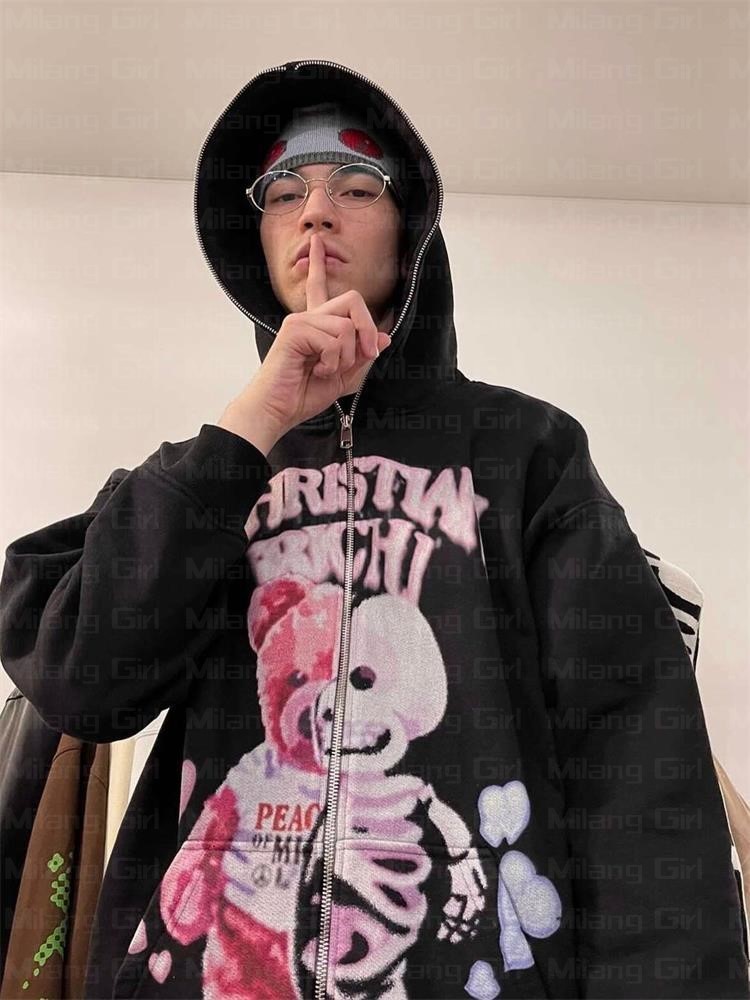 Women's Hoodies Sweatshirts Y2k Men Emo Streetwear Hoodie Zip Up Sweatshirts Fairy Grunge Pullover Oversized Skeleton Bear Goth Jacket Tops Hoodi