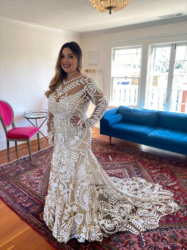 Champagne Plus Size Mermaid Wedding Dresses Rue de Seine Illusion Long Sleeve Backless Crochet Lace Bohemian Country Bridal Gowns