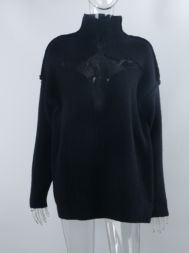 Womens Sweaters Y2K Sweater Women Autumn Winter Oversized Loose Knitted Pullovers Hollow Out Patchwork Mesh Turtleneck Jumper Female Streetwear 220923