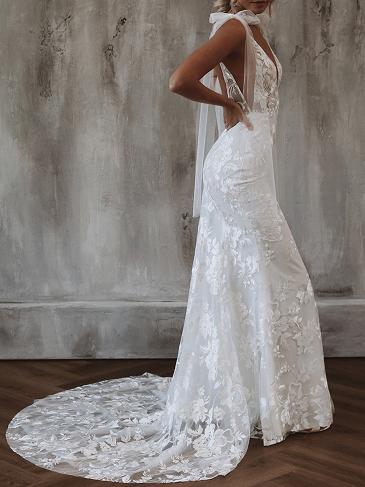 Elegant Mermaid Lace Wedding Dress 2022 Sexy Straps Boho Country Bridal Gowns Floor Length Chic Robe De Mariee Deep V Neck Bohemian Vestido De Novia F