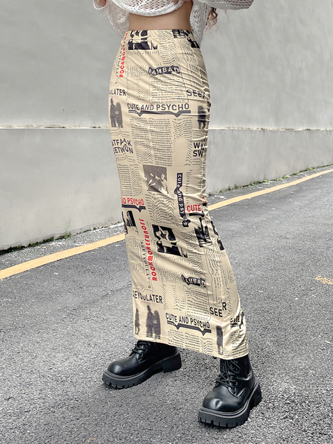 Skirts HEYounGIRL Harajuku Mall Goth Vintage A Line Midi Skirts Women Casual Print High Waist Skirt Ladies Khaki Summer Streetwear 220924
