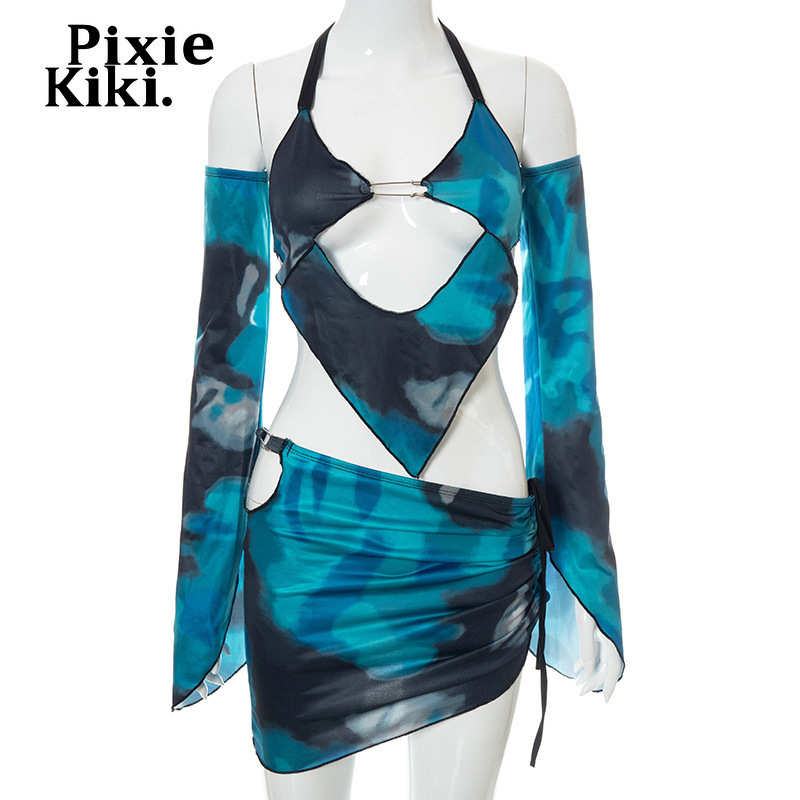 Two Piece Dress PixieKiki Sexy Two Piece Set Open Back Halter Crop Top Mini Skirts Womens Club Wear Rave Outfit Festival Clothing P85-BE17 220924