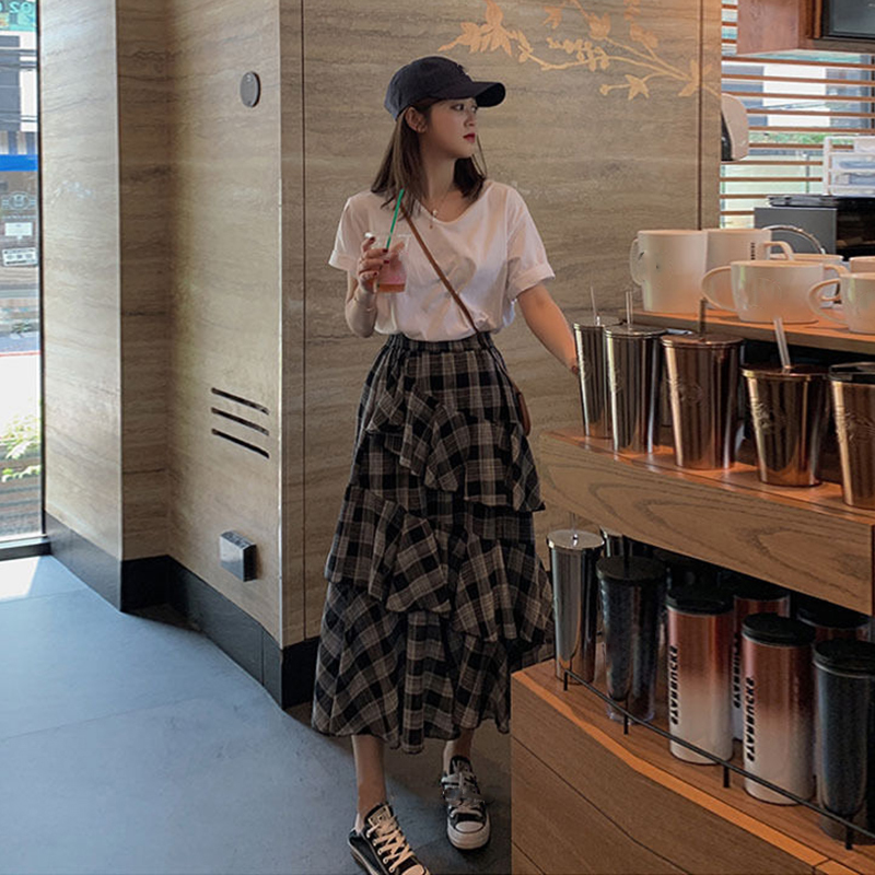 Skirts Lucyever Summer Vintage Plaid Skirt Women Elegant Chic Asymmetrical Patchwork Ruffles Long Skirt High Waist Aline Skirts 220924