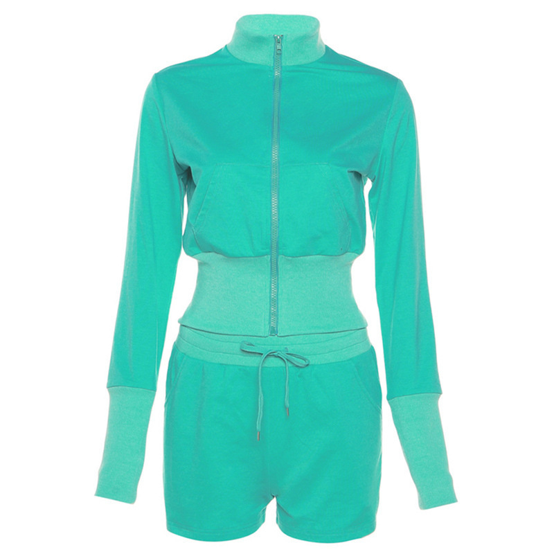 Women's Two Piece Pants WeiYao Sporty Casual Set Women Solid Zipper Shaped Waist Jackets Drawstring Elastic Athleisure Shorts Lady Tracksuits 220