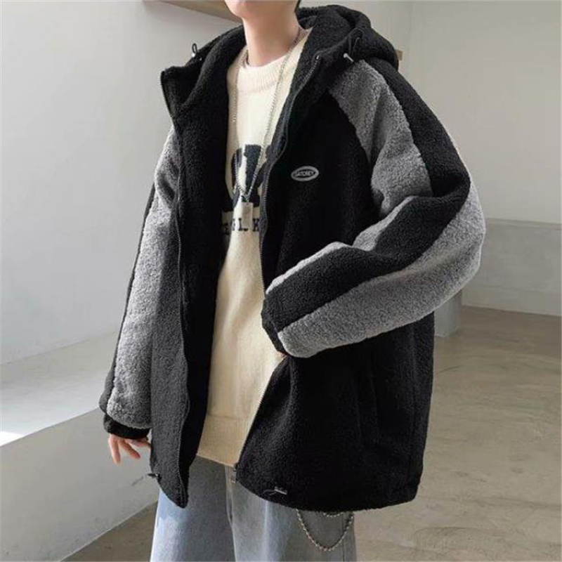 Mens Down Parkas Fashion Wide Polar Fleece Coats for Men Autumn Winter Warm Lamb Wool Hooded Coat Patchwork Loose Outerwear Male 220927