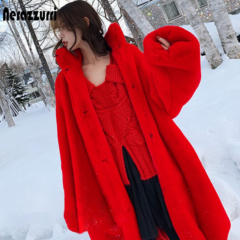 Women's Fur Faux Nerazzurri Oversized Red Thick Warm Soft Fluffy Coat Women Raglan Seeve Stylish Long Coats for Winter 220927