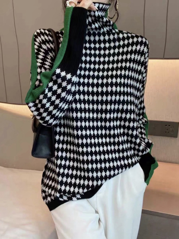 Womens Sweaters Winter Turtleneck Sweater Warm Pullover Elegant Top Loose Casual Retro Contrast Color sweater 220923
