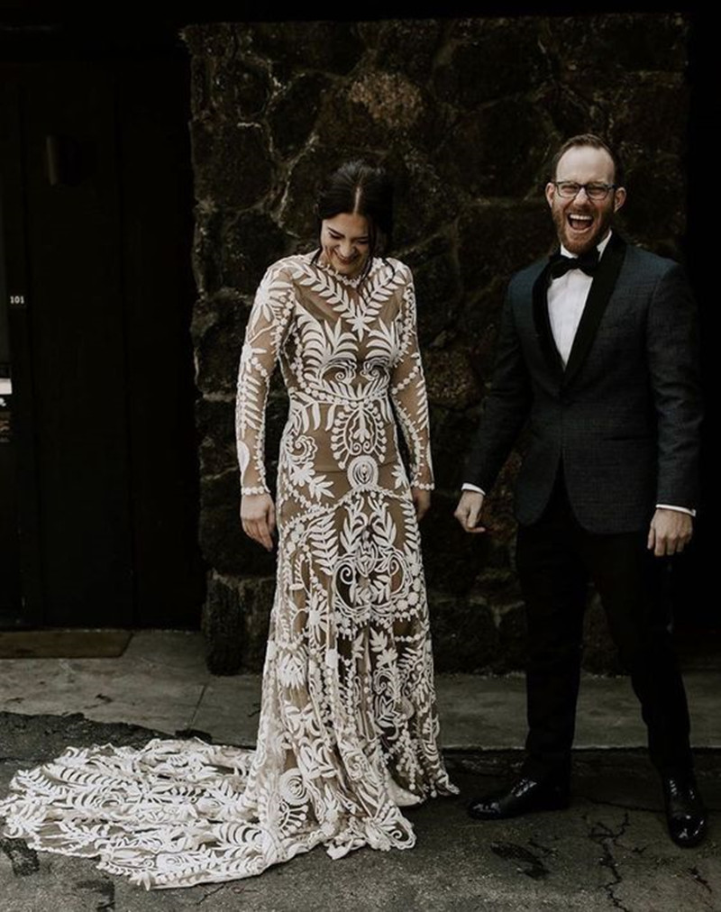 Champagne Plus Size Mermaid Wedding Dresses Rue de Seine Illusion Long Sleeve Backless Crochet Lace Bohemian Country Bridal Gowns