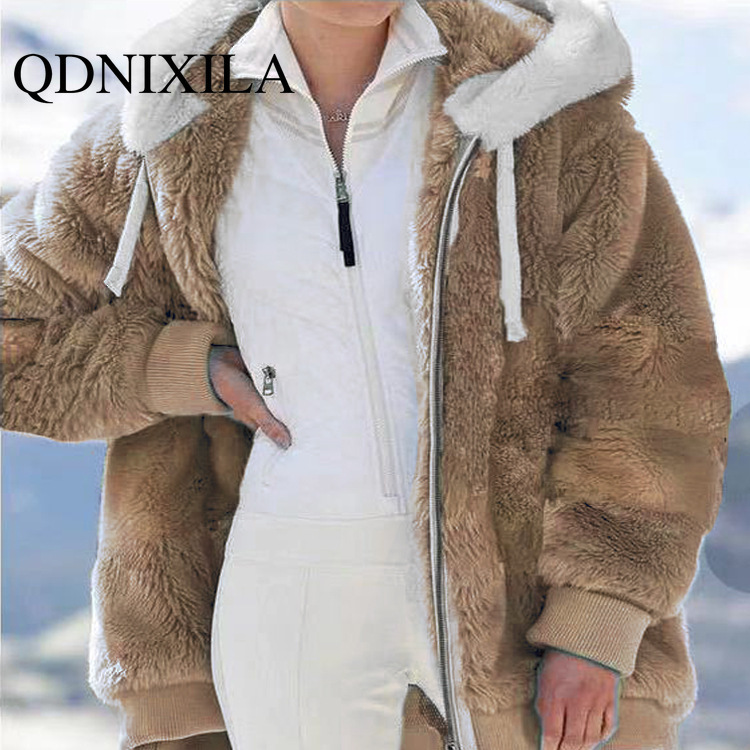Women's Fur Faux Spring and Autumn Loose Plush Zipper Hooded Jacket Coats Jackets Pink Coat Winter Women 220927