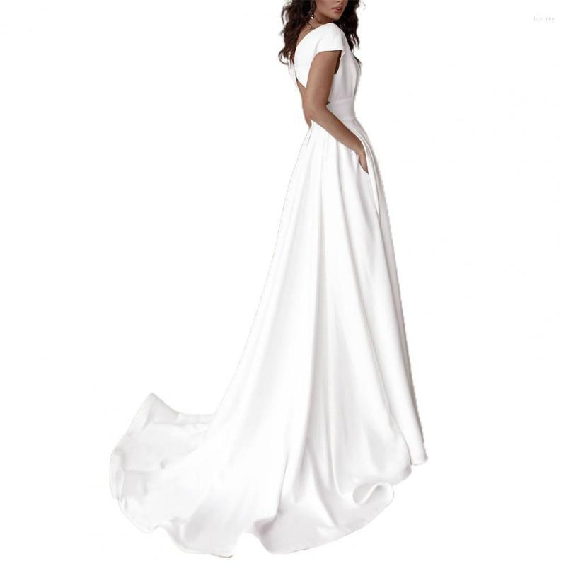 Casual Dresses Women Formal Dress V-neck Party White High Waist Side Split Floor-Length With Pockets Elegant Slit