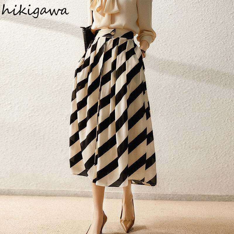 Skirts Faldas De Mujer Vintage Striped Skirts Women High Waist Slim Vintage Aline Pleated Skirt Big Swing Korean Elegant Jupe 220924