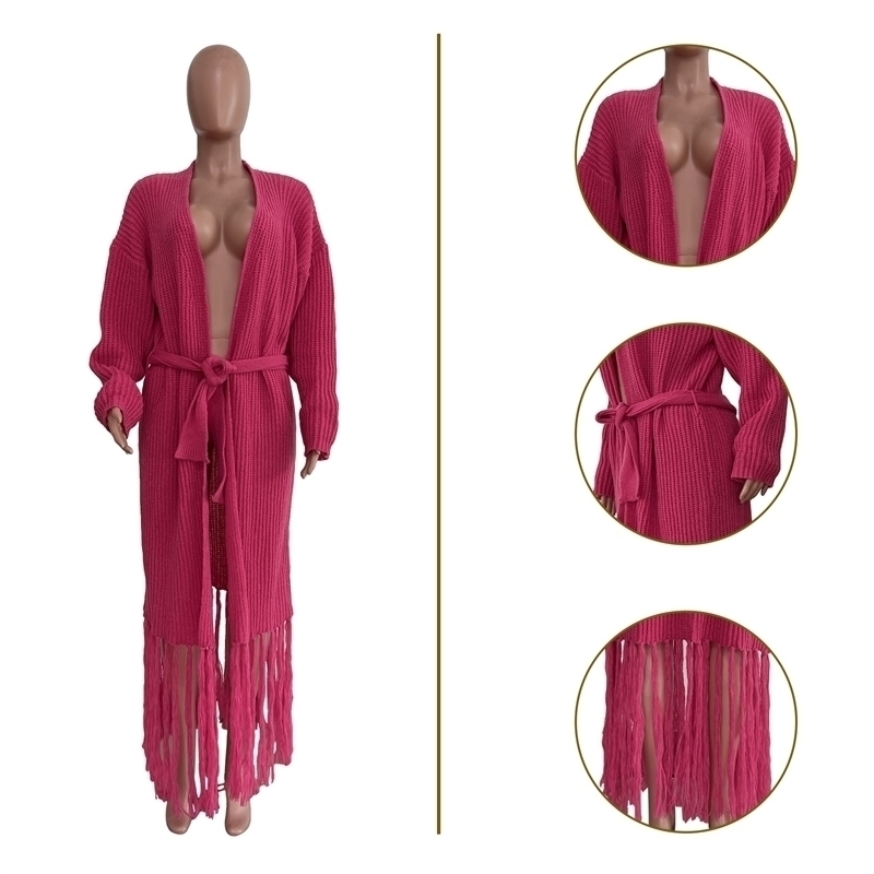 Womens Knits Tees Adogirl Solid Tassel Sweater Cardigans with Belt Women Autumn Winter Long Sleeve Open Stitch Knit Coat Outerwear 220923